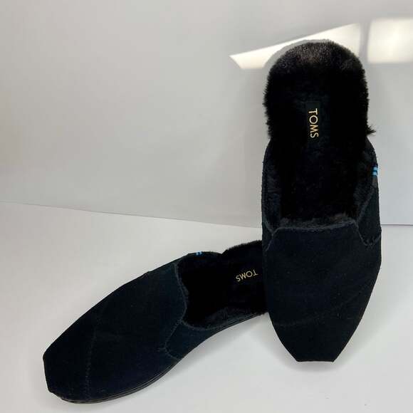 Toms Black Suede Faux Fur Lined Mule Flats - Picture 1 of 7